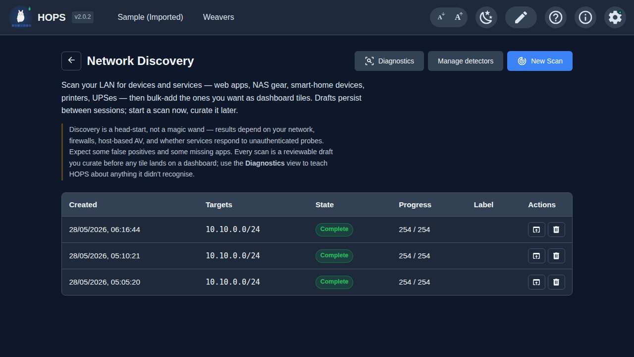 Network Discovery — list of scans