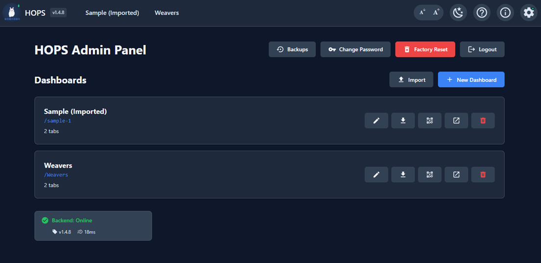 Admin page — manage multiple dashboards